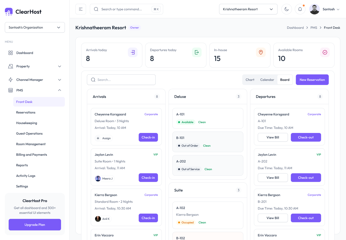 ClearHost front desk board — arrivals, room status and departures in one view
