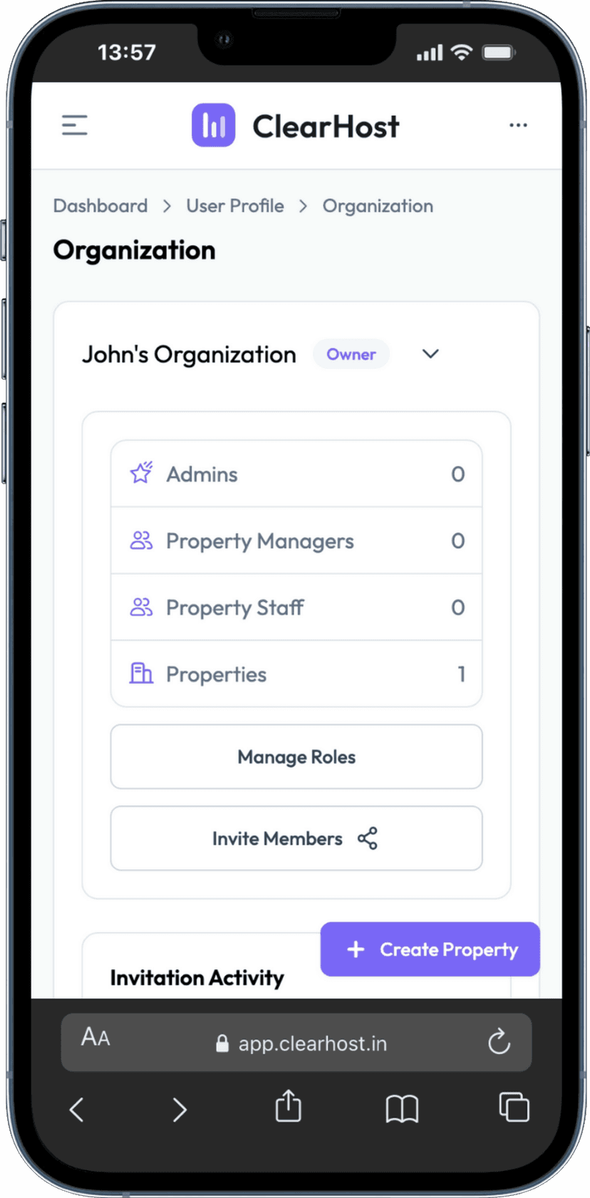 ClearHost dashboard on iPhone