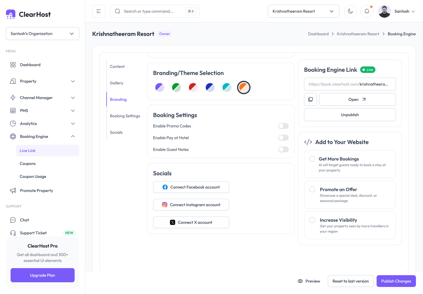 ClearHost booking-engine builder — theme, booking settings, socials and a live booking link