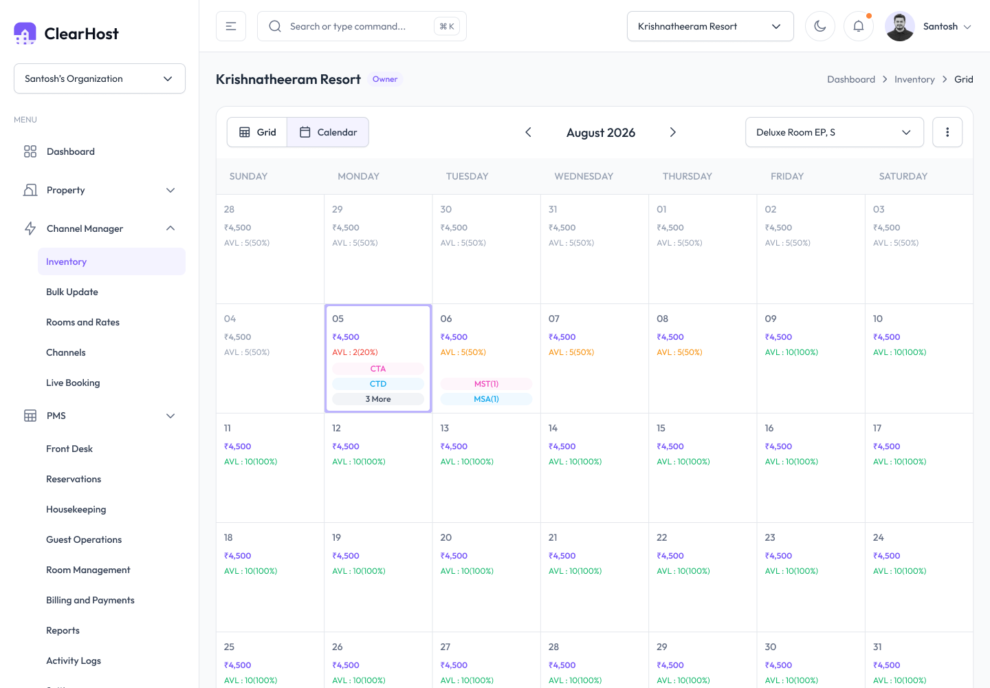 A calendar view to read rate and availability at a glance.