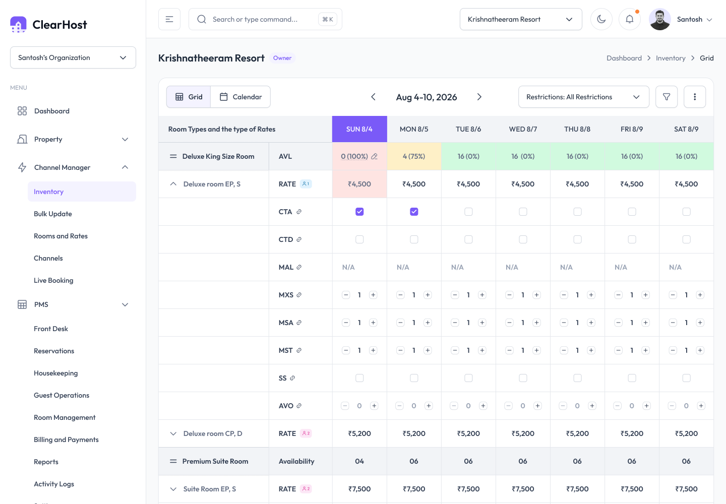 ClearHost Channel Manager inventory grid — rates, availability and restrictions by room and date