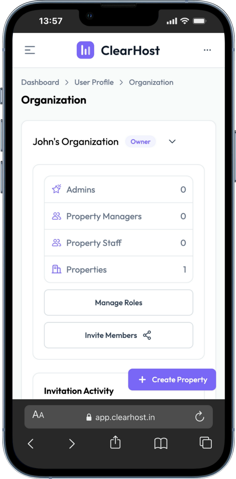 ClearHost dashboard on iPhone